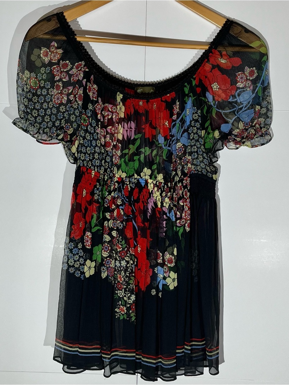 Vintage fei (Anthropology) Silk Gauze Sheer Black Floral Smocked Babydoll Size M
